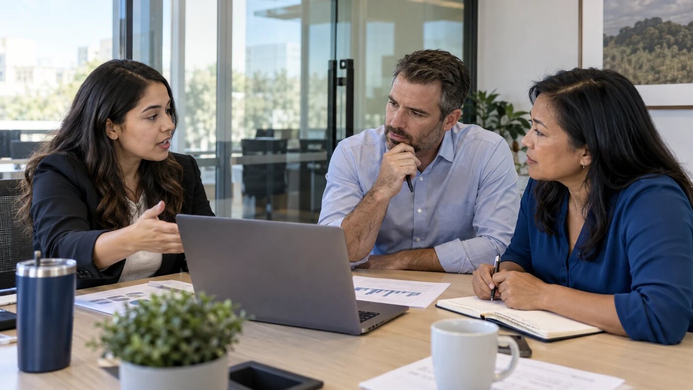 A finance professional explains a financial discrepancy to a Finance Manager and a business stakeholder across a meeting table