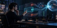 A software developer reviewing and directing several streams of AI-generated code on floating screens