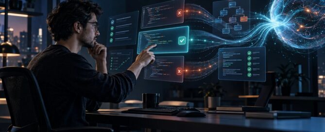 A software developer reviewing and directing several streams of AI-generated code on floating screens