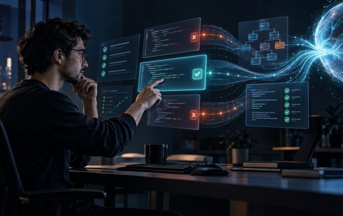 A software developer reviewing and directing several streams of AI-generated code on floating screens