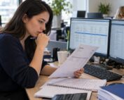 A junior finance professional checking a supplier invoice against accounting records on screen in an open-plan office
