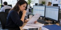 A junior finance professional checking a supplier invoice against accounting records on screen in an open-plan office