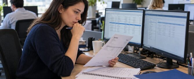 A junior finance professional checking a supplier invoice against accounting records on screen in an open-plan office