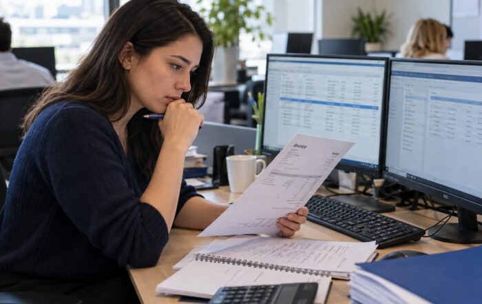 A junior finance professional checking a supplier invoice against accounting records on screen in an open-plan office